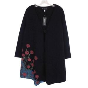 Donna White Coats Single Button Floral Hand Painted Knit Duster Cardigan XL
